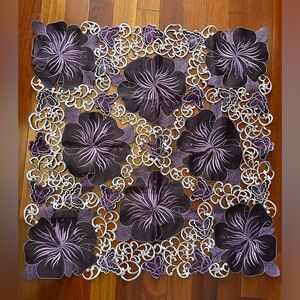 32” x 34” square vintage table cover with purple butterflies and flowers